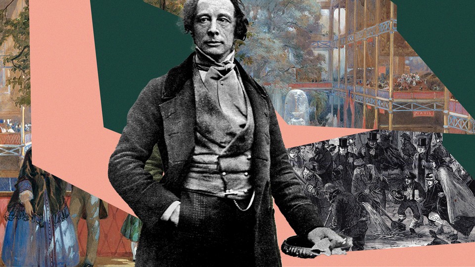 A photo of Charles Dickens against a collage of scenes from 19th-century London