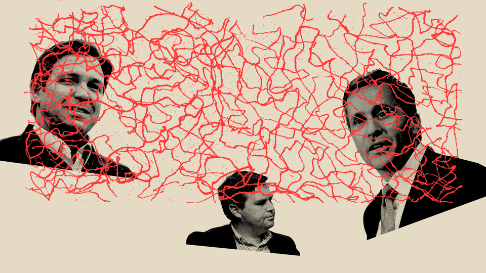 Illustration of Bobby Jindal, J. D. Vance, and Eric Greitens covered in red scribbles