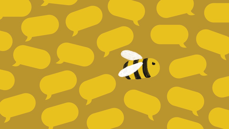 A lone bee flying amid a sea of text-message bubbles