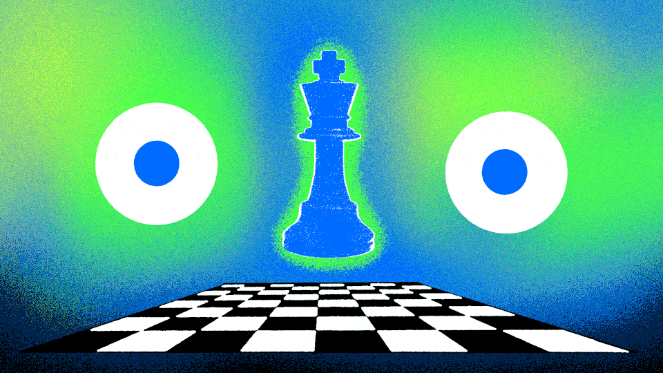An illustrated animation depicting a face that looks like a chessboard; the eyes are looking around as if they're confused.