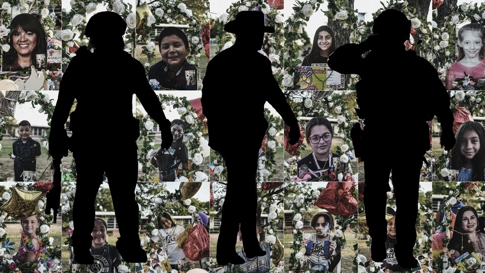 A collage of the Uvalde victims, with silhouettes of police officers in the foreground