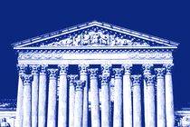 A blue-tinged illustration of the Supreme Court building, shown with extra marble columns