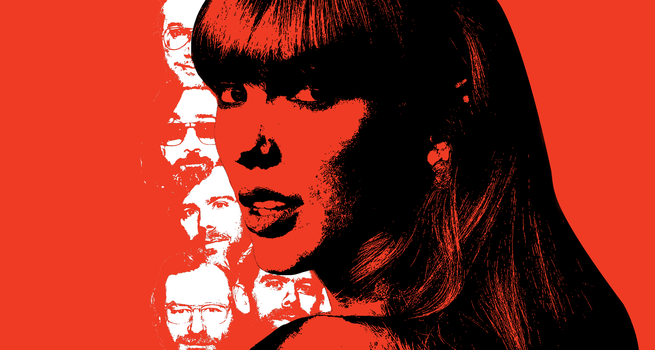 Illustration with black image of Taylor Swift over red background with images of The National members in white