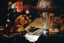 A vanitas painting of a skull, flowers, globe, butterfly and more