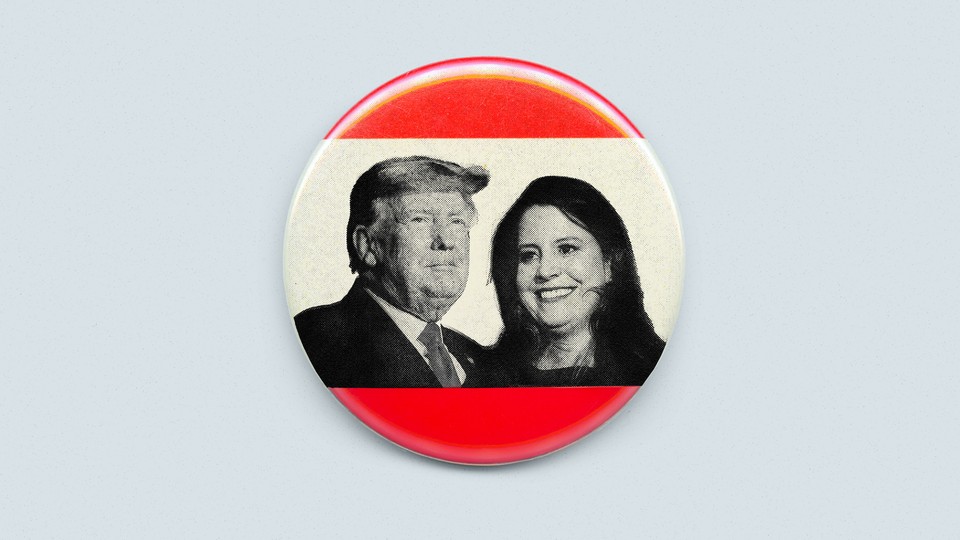 An illustration showing Donald Trump and Elise Stefanik on a campaign button