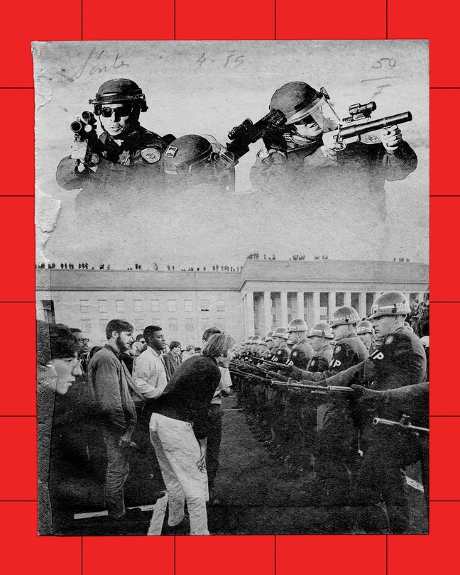 A diptych showing the presence of the U.S. National Guard in Los Angeles in 2025 and in Washington D.C. in 1967