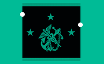 The logo of the U.S. Public Health Service: A medical staff with two snakes intertwined and wings is crossed with a Marine anchor; three stars appear, one at left, one at right, and one above