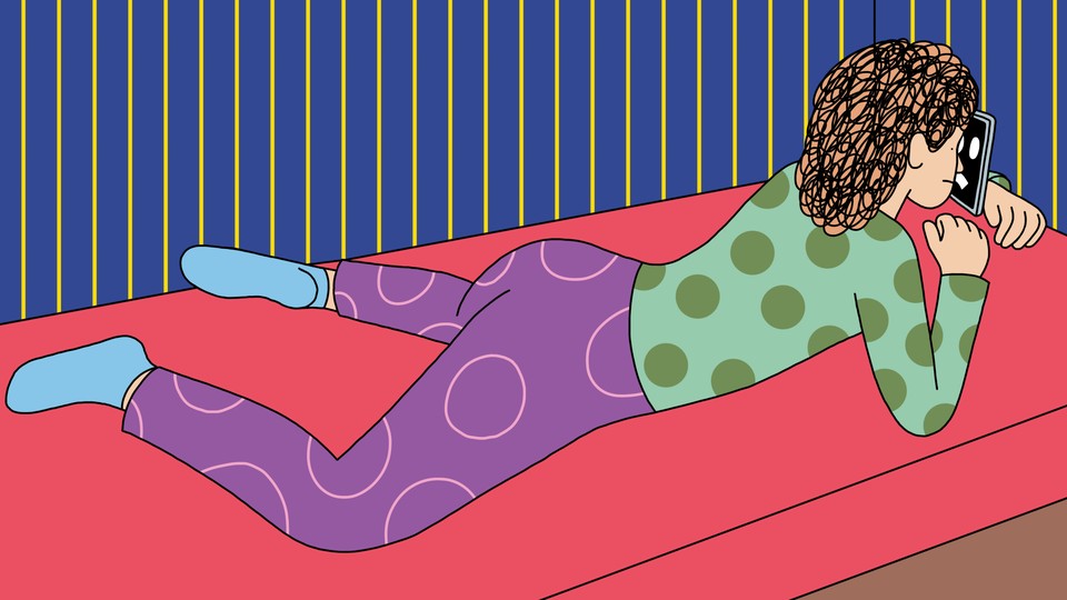 An illustration of a young woman lying on her bed with her face glued to a device screen