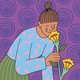 An illustration of a weeping woman sniffing a happy bouquet.