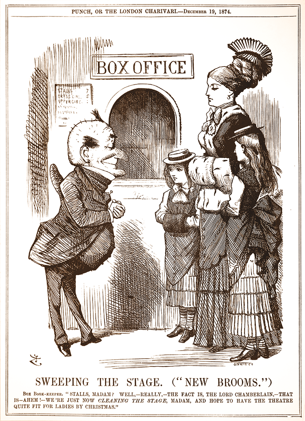 A cartoon of a theater box office with a caricatured short fat man in a suit bowing to a elegant and well-dressed woman and girl, with the words SWEEPING THE STAGE: (NEW BROOMS)