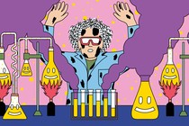 An illustration of a scientist covered in char marks and surrounded by smoking beakers and test tubes