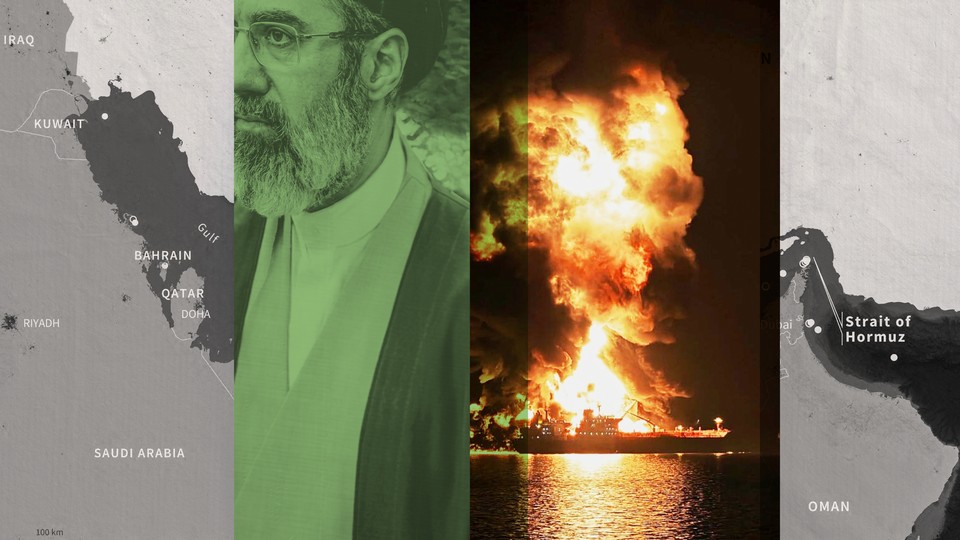 Collage with an oil-tanker explosion, Mojtaba Khamenei's face, and maps of the Strait of Hormuz