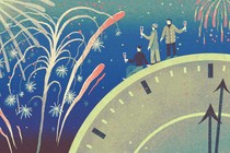 An illustration of three friends raising glasses while standing on top of a giant clock set to midnight. Fireworks burst around them.