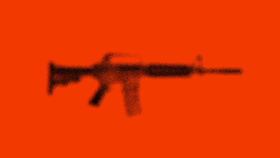 A fuzzy image of an AR-15 rifle against a red backdrop
