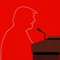 An illustration of a podium with an empty, dotted-line silhouette of Donald Trump standing behind it