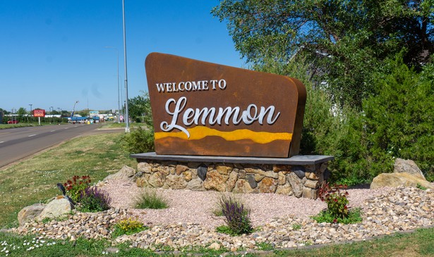 A "Welcome to Lemmon" sign on the road in to Lemmon, South Dakota