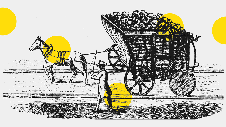 Black-and-white illustration (with yellow dots) of a horse pulling a cart full of coal