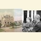 Collage of three photos: Big trees on the left, an illustration of a mansion in the middle, and a father and son on the right.