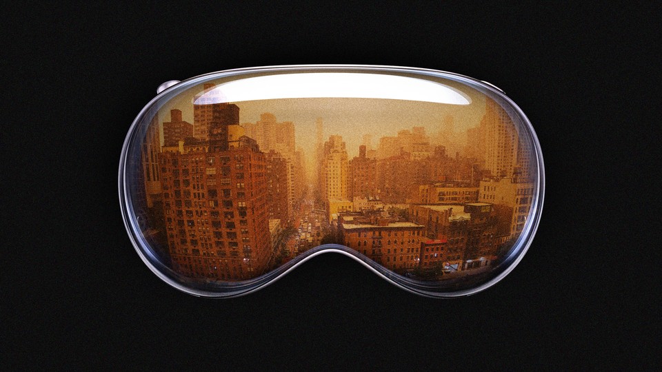 The Apple Vision Pro with an image of smoky New York superimposed on top