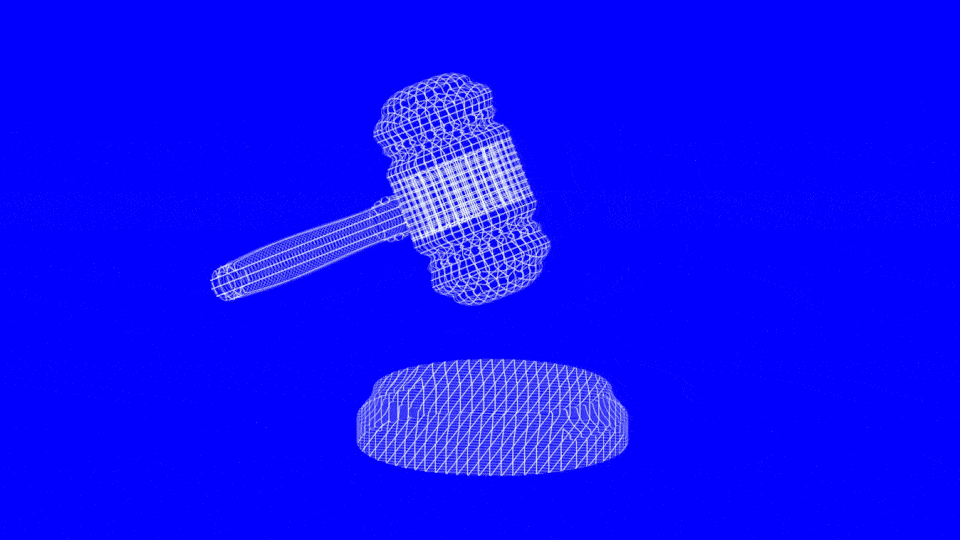 An animation showing a wireframe of a pounding gavel