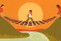 two parents hold up a bridge a child with a backpack crosses over