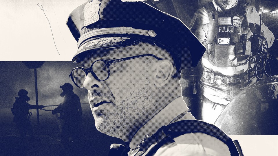 A black and white photograph of the police chief looking to the side, atop a background of two photos of police in the streets