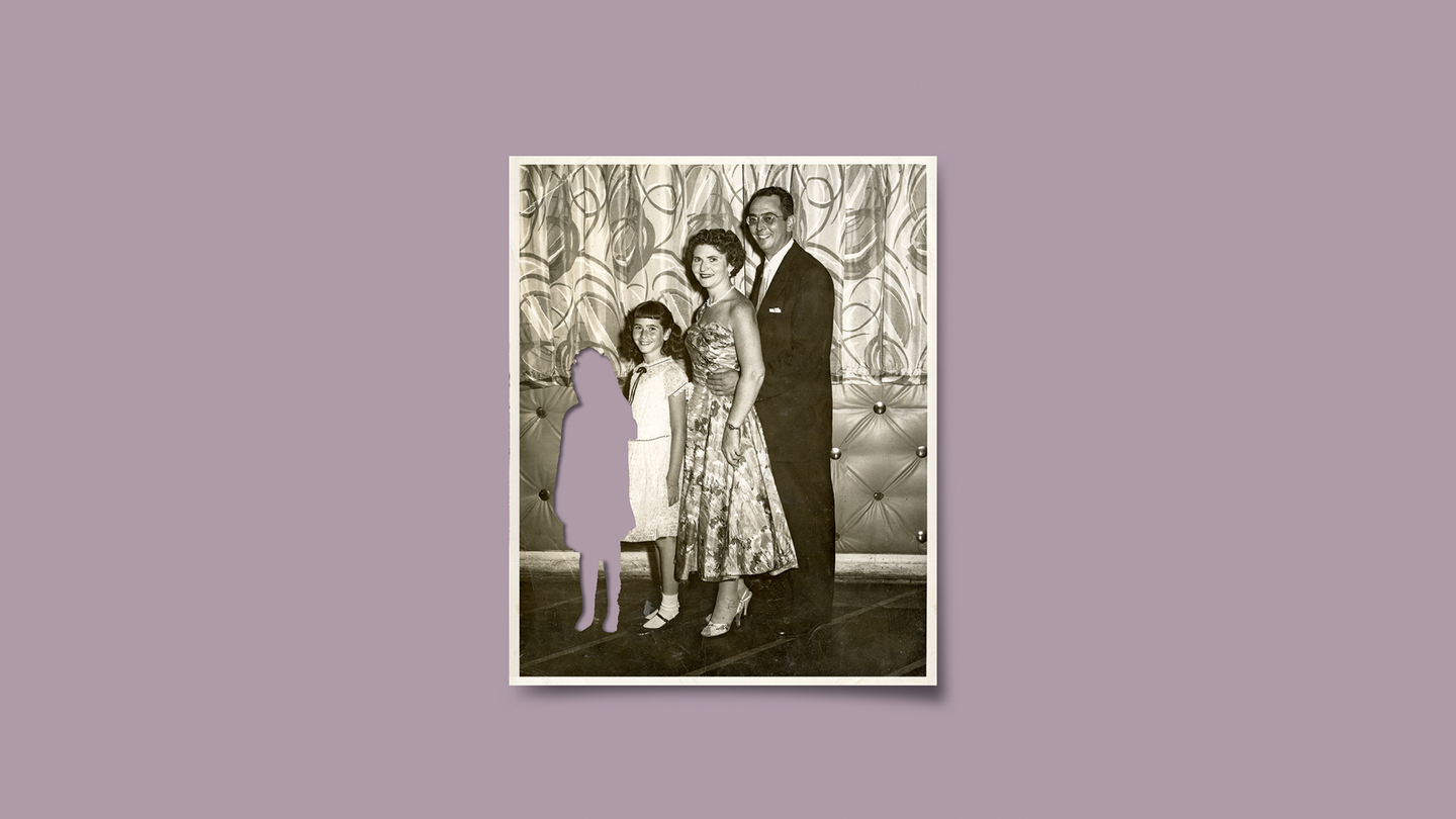 black-and-white family photo of girl standing with parents, with cut-out silhouette of missing younger child on light purple background