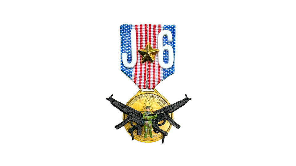 a "J6" gold medal featuring a toy soldier and toy guns
