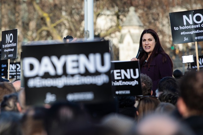 Luciana Berger addresses the crowd during a demonstration in Parliament Square against anti-Semitism in the Labour Party.