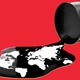 A sideways oil barrel spilling a black-and-white world map