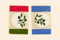 Juxtaposed stamps with the colors of the flags of Israel and Palestine and olive branches