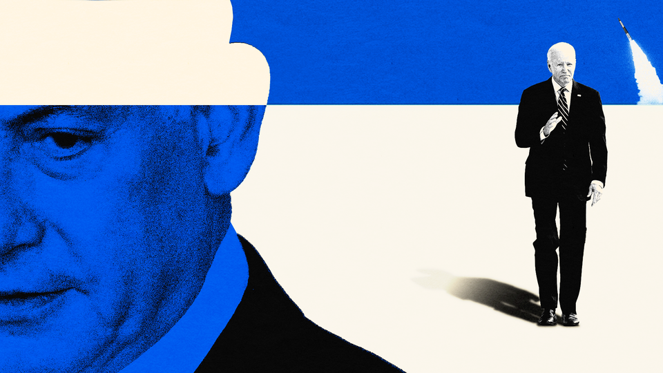 A photo-illustration featuring Joe Biden, Benjamin Netanyahu, and a rocket