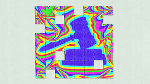 Illustration of a judge's gavel over a broken rainbow psychedelic background