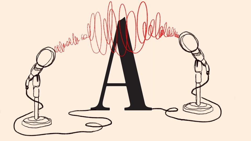 An illustration of two microphones surrounding the Atlantic 'A' logo