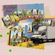 A graphic of a "Greetings From Michigan" postcard and a moving truck