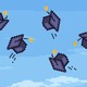 Pixelated illustration of graduation caps flying through the air against a blue sky