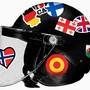 A police helmet adorned with stickers of other countries' flags.
