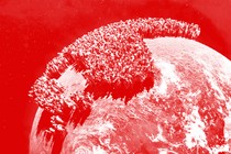 Red-and-white graphic illustration showing the Earth from space, but the continents are crowded with giant people