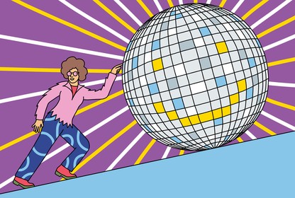 Illustration of a person in disco clothing pushing a giant disco ball with a happy face up an incline