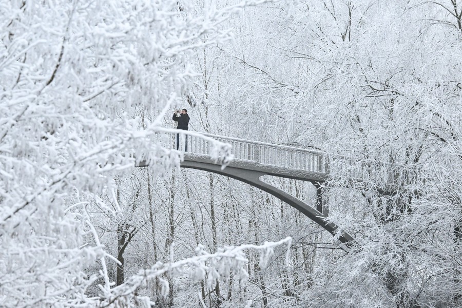 A man takes a picture as he crosses a bridge after snowfall in a park.