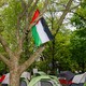 Photograph of green, gray, black, and red tents in a park surrounded by trees. A Palestinian flag is tied to the branch of a tree in the center of the encampment.