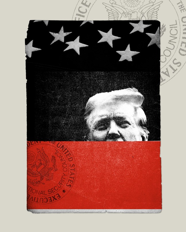 A collage showing Donald Trump, an American flag, and the National Security Council seal