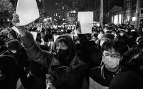 Black-and-white photo of protesters on the street in Beijing, China