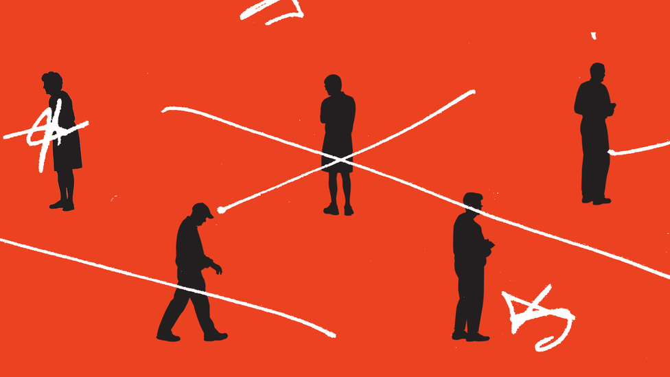 Black silhouettes on a red background with white lines