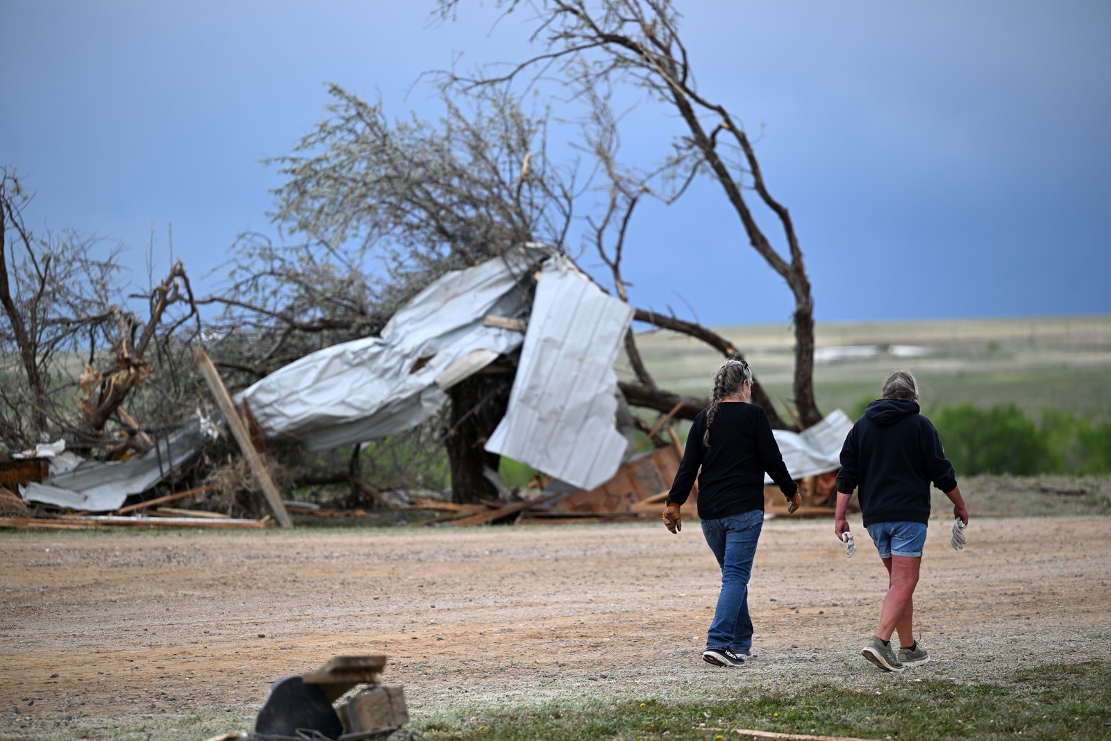 Two people walk past storm-damaged trees, with twisted metal wrapped around the branches.