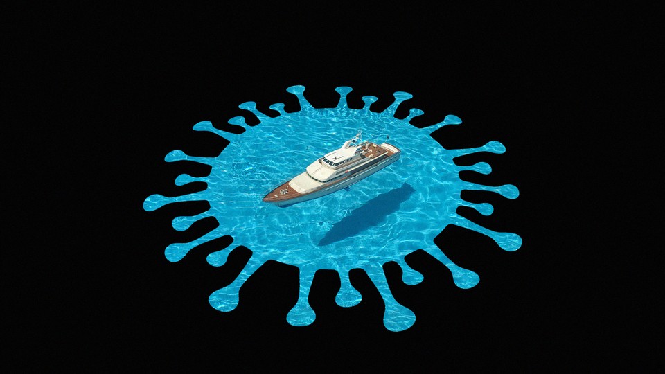 A yacht sailing on a virus-shaped body of water