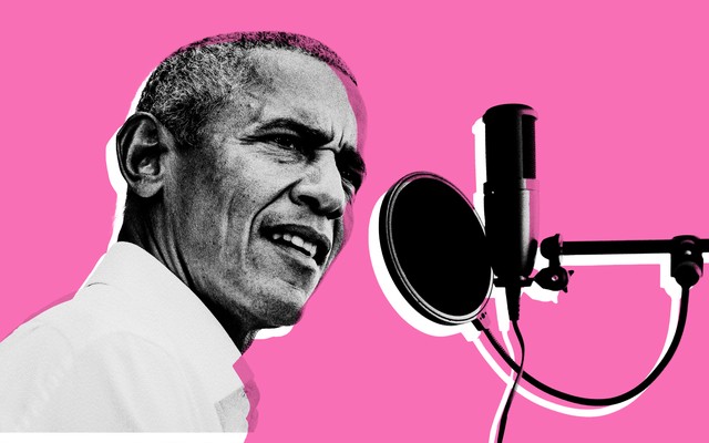 Barack Obama speaking into a microphone against a pink background