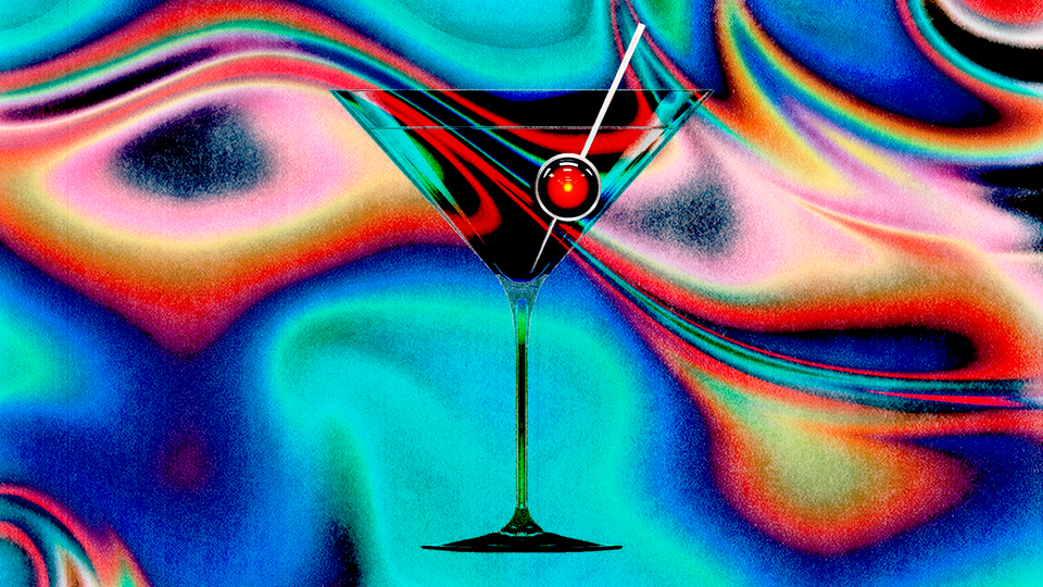 Illustration of a martini glass with HAL-9000's red eye in place of an olive.