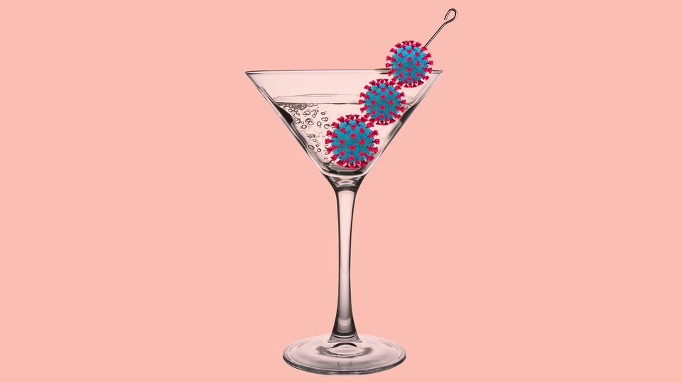 An image of a martini glass with viruses in place of olives
