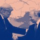 Photo-illustration of Donald Trump and Vladimir Putin shaking hands with a map of Ukraine behind them